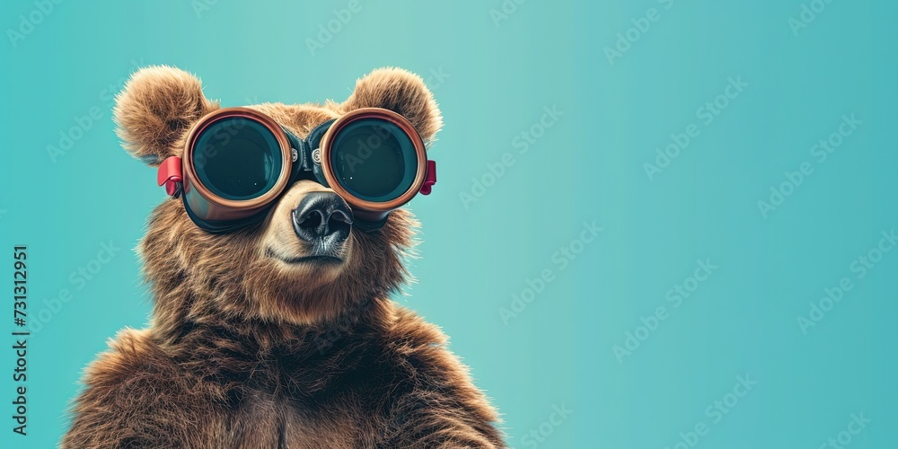 Happy grizzly bear wearing virtual reality VR headset isolated on solid background with blank copy space for technology, metaverse, and extended reality concept.