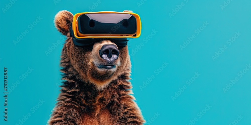 Happy grizzly bear wearing virtual reality VR headset isolated on solid background with blank copy space for technology, metaverse, and extended reality concept. - obrazy, fototapety, plakaty 