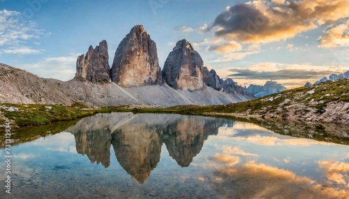 tre cime di lavaredo with reflection in lake at sundown dolomites alps