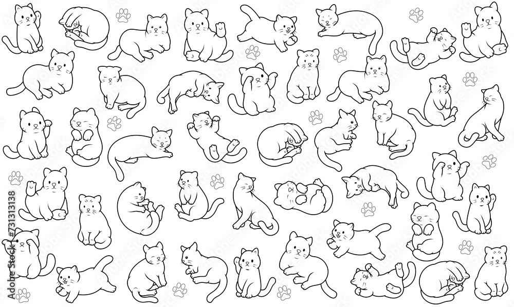 Background with kitties. Drawn cats in different poses. Funny cats drawn with lines. Lots of cats. Background for pet lovers. Black and white illustration with kittens for veterinary clinics. 