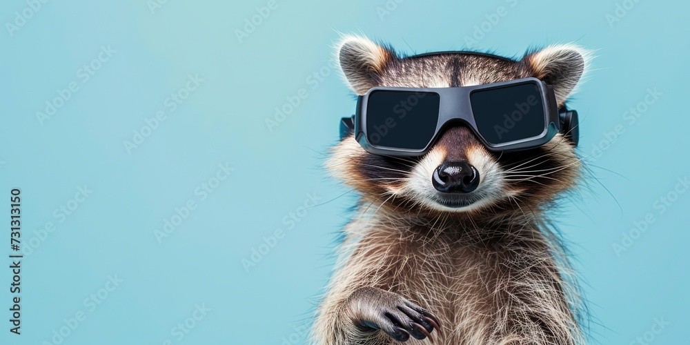 Happy raccoon wearing virtual reality VR headset isolated on solid background with blank copy space for technology, metaverse, and extended reality concept.