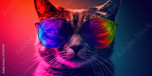Psychedelic cat concept with feline wearing sunglasses and bright colors photo