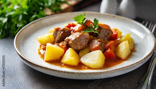 meat and potato stew on plate