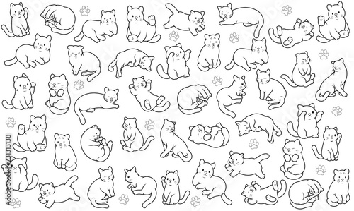 Fototapeta Naklejka Na Ścianę i Meble -  Background with kitties. Drawn cats in different poses. Funny cats drawn with lines. Lots of cats. Background for pet lovers. Black and white illustration with kittens for veterinary clinics. 