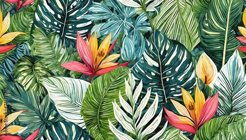 hand drawn stylish summer tropical plants and leaves seamless pattern vector illustrations © Wendy