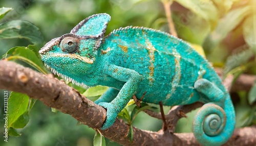 turquoise chameleon on a tree branch © Wendy