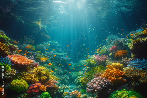 An underwater coral reef scene, teeming with diverse marine life and coral formations, illustrating the importance of marine conservation. Concept of underwater biodiversity. Generative Ai. © Sebastian
