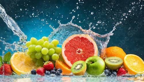 assortment of fresh fruits and water splashes on panoramic background © Wendy
