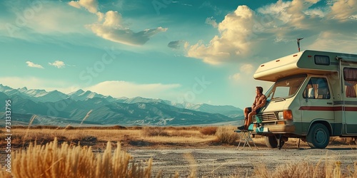 Happy couple traveling on the road together. Sightseeing on the open road while traveling across the country. Driving freeways and highways while living in the recreational vehicle photo