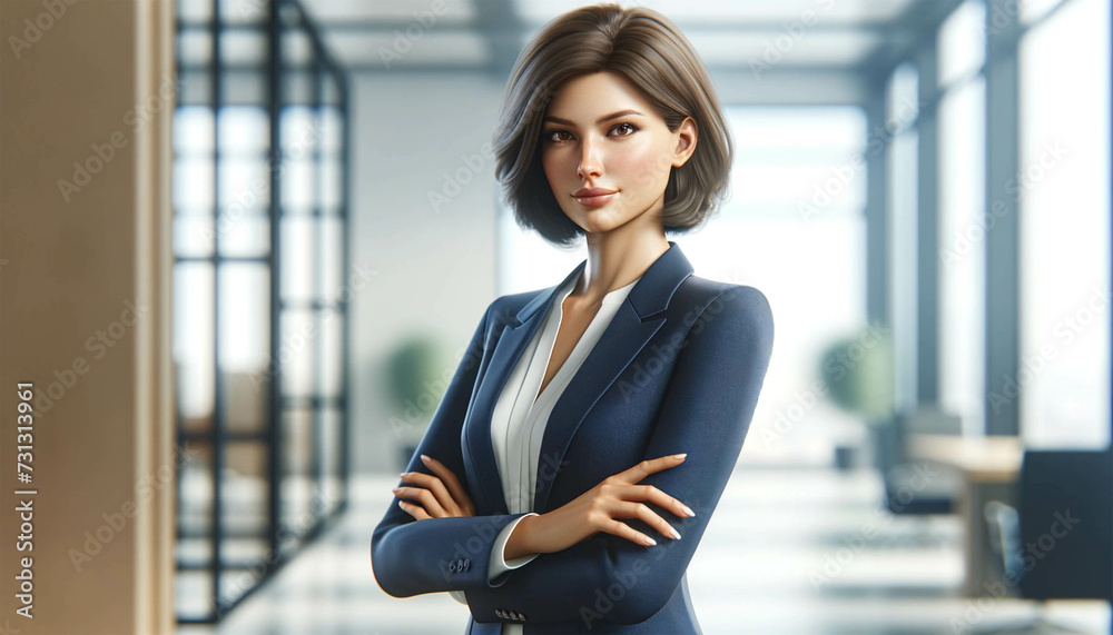 Highly detailed photorealistic half-length portrait of a businesswoman in horizontal format. She stands confidently with her arms crossed, wearing a dark blue jacket over a white blouse. Her hair is s Highly detailed photorealistic half-length portrait of a businesswoman in horizontal format. She stands confidently with her arms crossed, wearing a dark blue jacket over a white blouse. Her hair is s