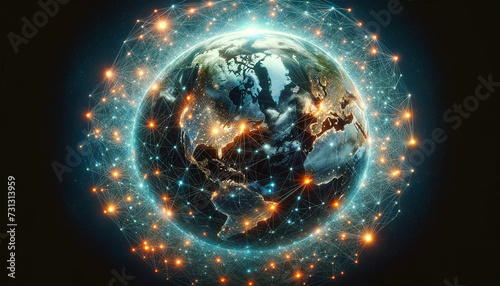 A detailed  photorealistic horizontal image showing the Earth from space  surrounded and penetrated by a complex  glowing network of data representing the Internet. This web of connections with nodes 