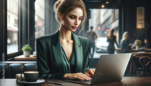 Highly detailed photorealistic horizontal half-length portrait of a businesswoman typing on a laptop. She wears a sophisticated emerald green jacket and black blouse, and wears her hair in a low bun.