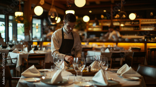 A diligent server meticulously arranges tables, adorning them with elegant tablecloths and stylish centerpieces, before a bustling evening at a trendy restaurant. photo