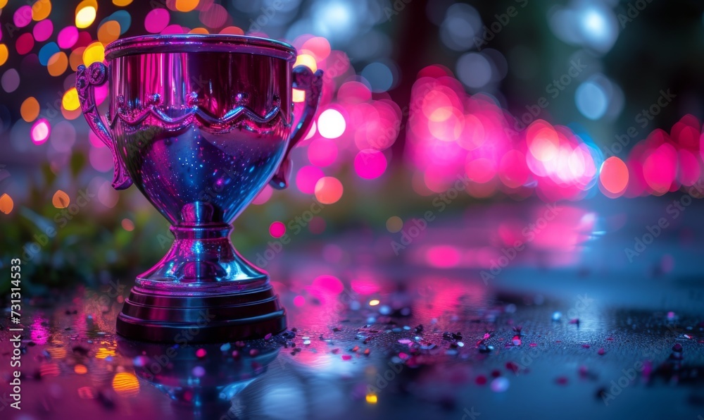 A winner trophy cup set against abstract purple and pink lights blur blinking background. Generative AI A winner trophy cup set against abstract purple and pink lights blur blinking background. Generative AI