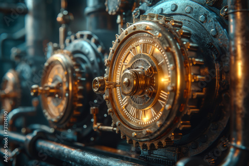 A steampunk-inspired background, featuring intricate mechanical details and vintage aesthetics, embodying the charm of an alternate industrial era. Concept of steampunk aesthetics. Generative Ai.