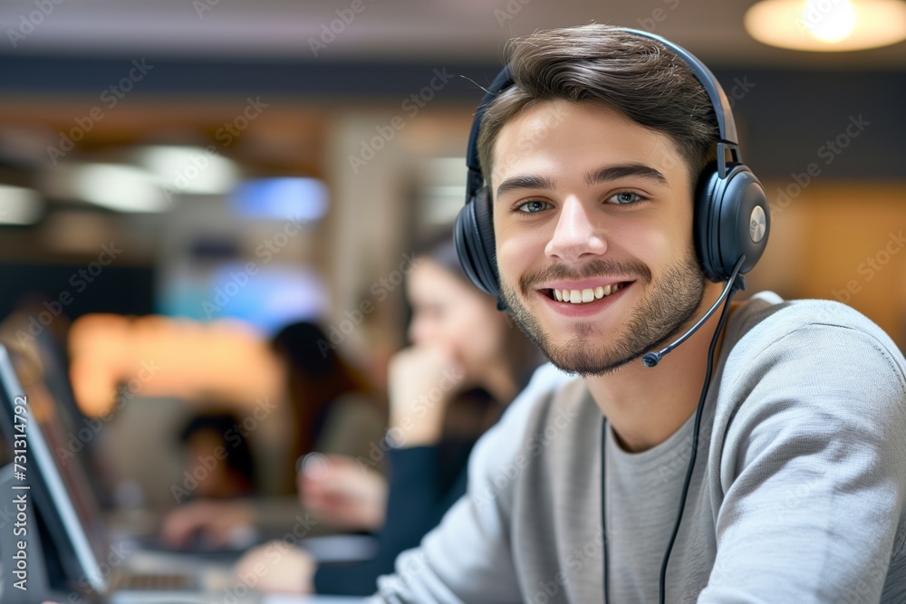 Call center, young man and smile in contact us with CRM, headset with mic and mockup space. Customer service consultant, happy female and telemarketing with sales and help desk Call center, young man and smile in contact us with CRM, headset with mic and mockup space. Customer service consultant, happy female and telemarketing with sales and help desk