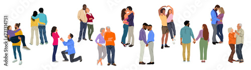 Set of different couples in love, young people, senior couple, homosexual, gay couple, engagement, marriage proposal, African American, multiracial couples. Vector illustration, transparent background