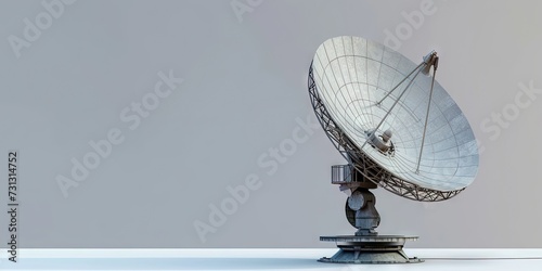 Satellite dish reading wireless TV and communication broadcast waves to provide data and entertainment from space satellites. Solid background isolated with copy space photo