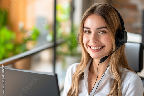 Call center, young woman and smile in contact us with CRM, headset with mic and mockup space. Customer service consultant, happy female and telemarketing with sales and help desk