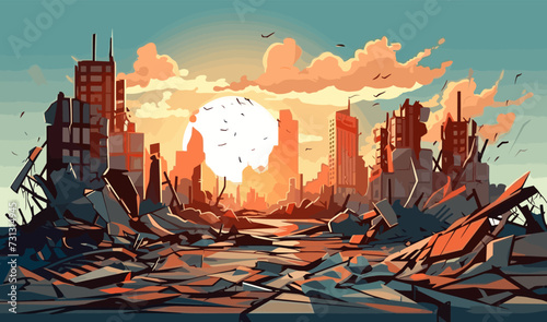 destroyed city demolished buildings vector flat isolated illustration