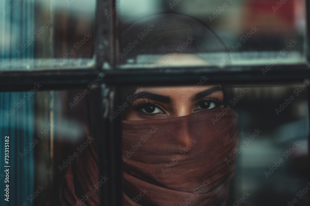 Woman Wearing Scarf Looking Through a Window Woman Wearing Scarf Looking Through a Window