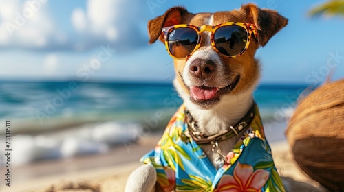 Dog wearing Hawaiian shirt and sunglasses enjoying a tropical cocktail on the beach during spring break and summer vacation photo