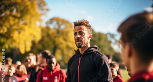 Mature trainer talking to his team while standing on the football field