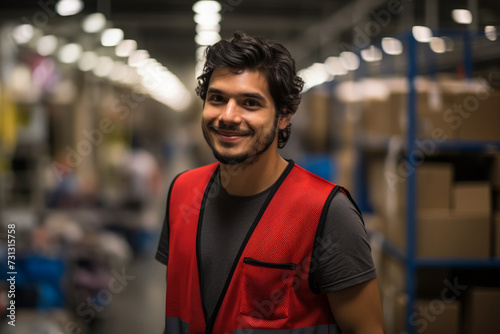 Happy warehouse worker: online shopping and fast delivery. Male warehouse worker. Express Shipping concept.