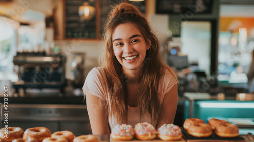 Mulher sorrindo em uma confeitaria após ter feito uma fornada de Donuts photo