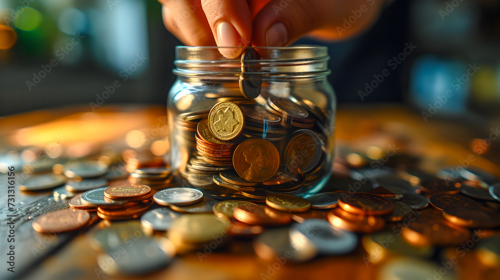 Closeup of hand placing coin into a glass jar amidst scattered coins, concept of saving and accumulation.
