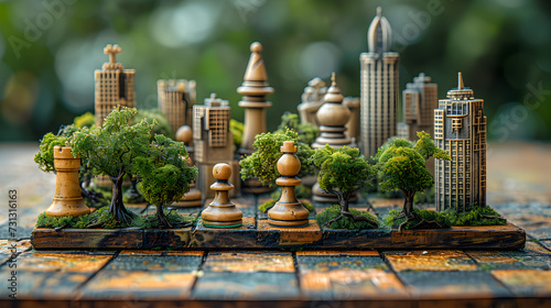 Strategic chess game with city buildings and green trees, symbolizing urban planning and development.  © Meta