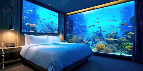 Aquarium inside a home - luxurious exotic fish concept with blue glow and corral inside the bedrooom. photo