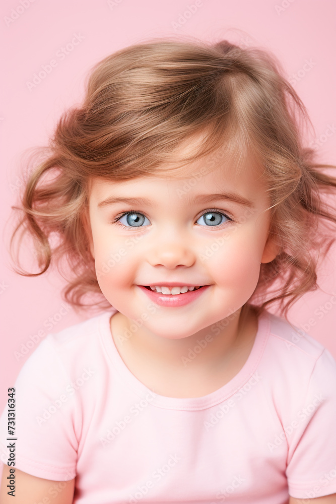 Happy Little Girl Portrait. Joyful Child in a Pink World