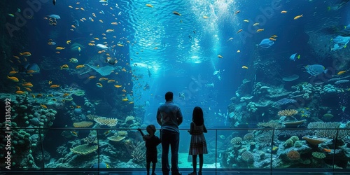 Silhouette of a family enjoying the aquarium - bright blue water filled with tropical fish and sea life photo