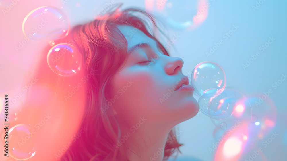Woman Blowing Bubbles in the Air
