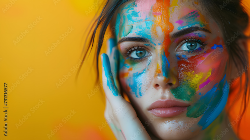 Woman With Painted Body Resting Her Hands on Her Face