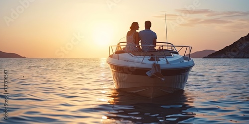 Man and woman on a boat during sunrise