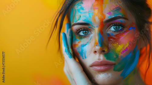 Woman With Painted Body Resting Her Hands on Her Face