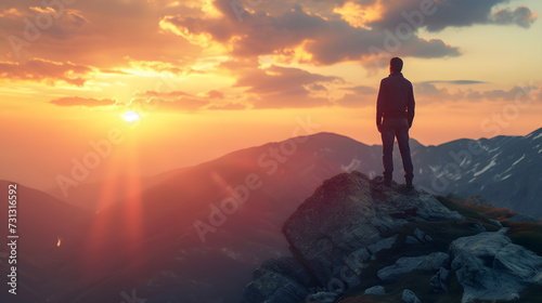 Man Standing on Mountain Top at Sunset