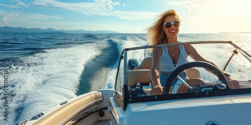 Young woman piloting speedboat across the ocean waves on a bright and sunny afternoon day