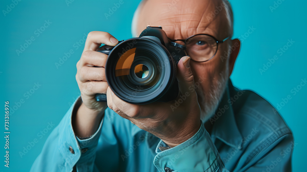 Man Taking Picture With Camera - obrazy, fototapety, plakaty 