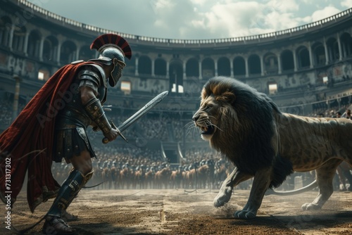 Gladiator in coliseum: fierce warrior in iconic roman arena, epitome of ancient combat, historical spectacle in majestic rome, dramatic portrayal of bravery and valor © Alla