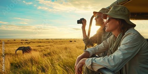 Tourist couple on an African safari to view wildlife in an open grassy field as the sun comes up.  photo
