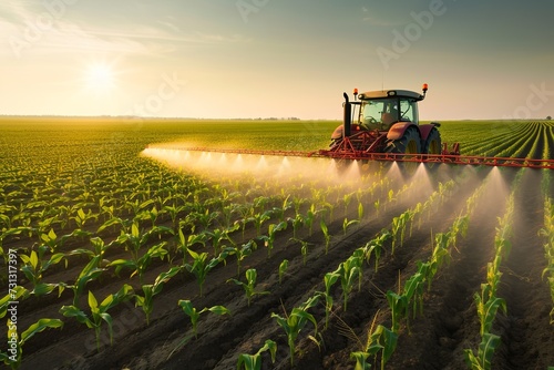 realistic shot of a tractor sprays pesticides on corn field