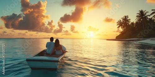 Couple vacationing on a boat in the water. Romantic date idea for getaways during summer and spring seasonal travel photo