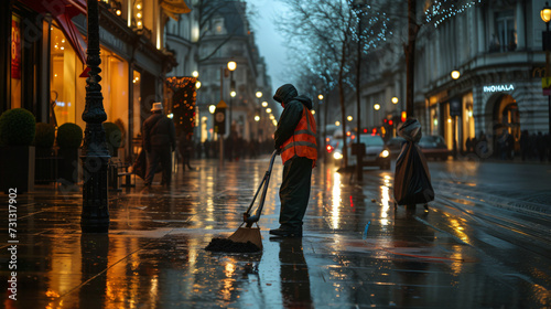 Peaceful urban scene featuring a diligent street cleaner sweeping an empty sidewalk at dawn, creating a pristine environment. Discover serenity amidst tranquility.
