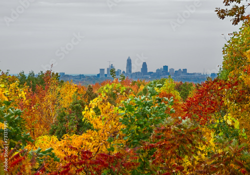 The Cleveland Ohio skyline seen from a distant high point amid autumn foliage, with focus on the city photo