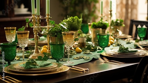 Beautiful table setting in green colors. Generative AI