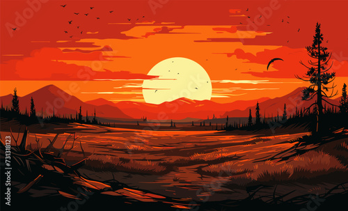 fiery sunset over a prairie vector simple 3d smooth isolated illustration