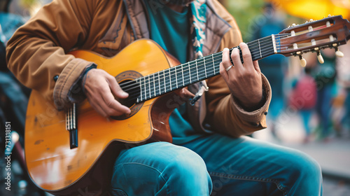 A talented street musician passionately strums his guitar, transporting the viewers into the heart of urban street culture. Vibrant and energetic, this image captures the raw passion and cre